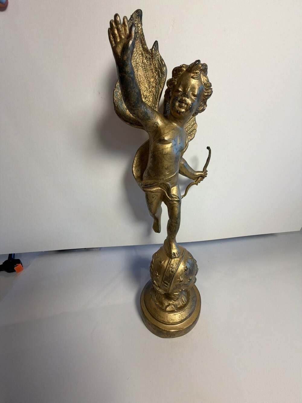 Vintage Heavy Solid Brass Cherub Cupid Statue on Celestial Globe 18 Inch